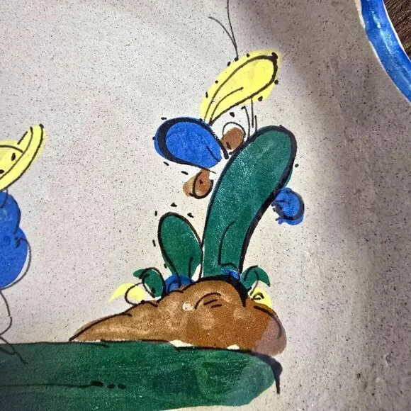 Handmade Mexican Tlaquepaque Ceramic Serving Bowl Painted Bird  Cactus Design - Picture 10 of 12